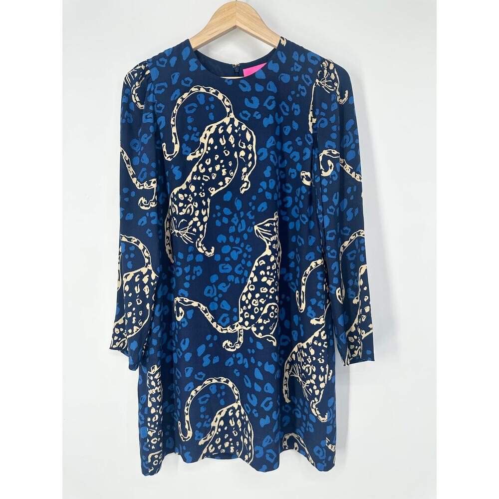 Lilly Pulitzer 100% Silk Tyra Leopard Print Long Puff Sleeve Shift Dress Mini - Picture 4 of 16